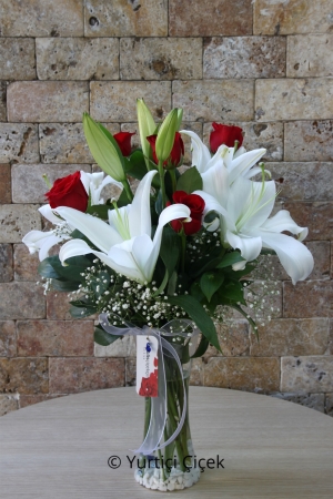 Lilies and 5 Roses in a Vase