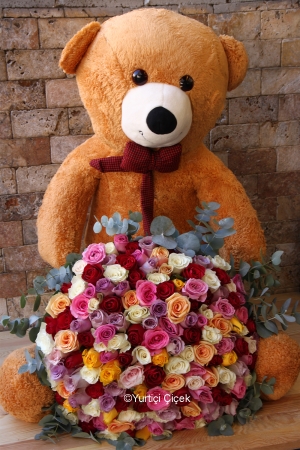 Teddy Bear and Colorful Roses